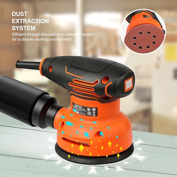 5-Inch Orbital Sander, 2.5 Amp Motor, 15 Pcs Sanding Disc Set, 6-Speed Control (6000-12000 OPM), Efficient Dust Collection for Superior Sanding and Polishing