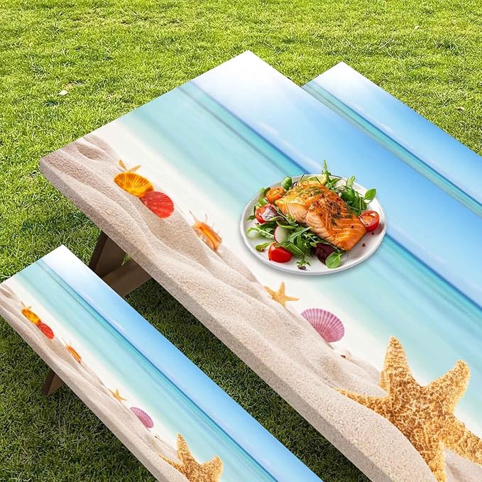 CAPSCEOLL Elastic Picnic Table Cover with Bench Covers 5Ft Waterproof Fitted Picnic Table Cover Cloths for Outdoors Camping Tablecloth with Drawstring Bag, 60X30in, Sea Beach