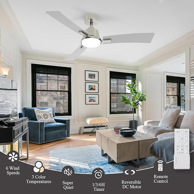 52 Inch Ceiling Fans with Lights,Low Profile Ceiling Fan,Modern Flush Mount,Reversible 6 Speeds,3CCT Dimmable Noiseless Ceiling Fans for Living Room,Bedroom and Patio,ETL Listed