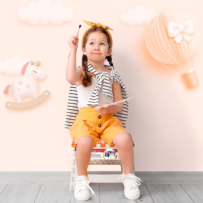 ACSTEP 9 Inch Folding Step Stool 300 LB Capacity Plastic Foldable Step Stools for Kids and Adults, Folding Stool Suitable for Kitchen, Stepping Stool with Handle Bicolor Orange Small Step Stool 1PC