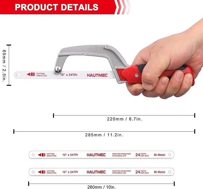 HAUTMEC Mini Hacksaw, Compact Hand Saw with 10" Bi-Metal HSS Blade, Lightweight Hack Saw for Metal Wood PVC, Especially Cuts In Tight Hard-Reach Spaces – HT0355