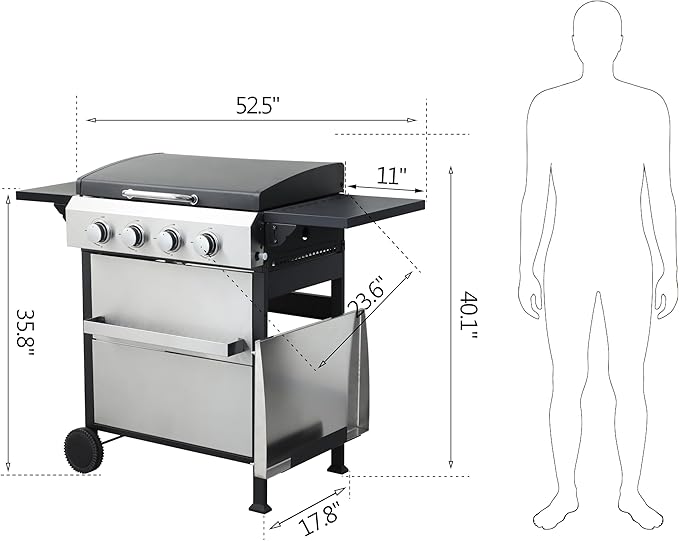 4-Burner Propane Gas BBQ Grill, SS Plancha, 49200BTU Output With Wire Enamel Cooking Grids For Outdoor Barbecue,Stainless Steel Foldable Side Table,Hanging Basket,Black Silver