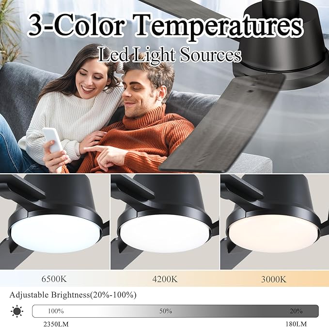 42 Inch Ceiling Fans with Lights,Low Profile Ceiling Fan,Modern Flush Mount,Reversible 6 Speeds,3CCT Dimmable Noiseless Black Ceiling Fans for Living Room,Bedroom and Patio,ETL Listed