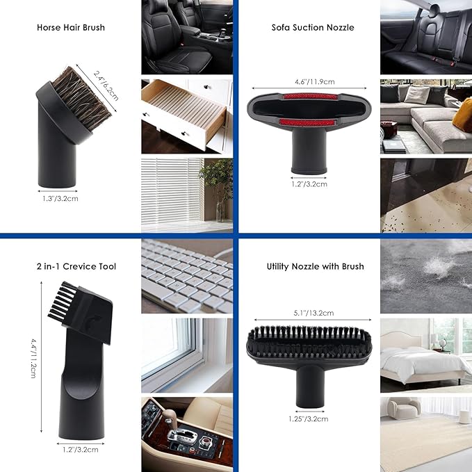 11 PCS Universal 1 1/4 Inch Vacuum Attachments Kit for Shop Vac Accessories with Vacuum Brush Attachments, Flexible Crevice Tool, Hose Adapters for 2 1/2" to 1 1/4" and 1 7/8" to 1" Hoses