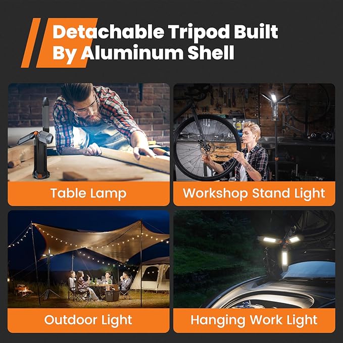 gogonova 2025 Rechargeable Work Light with Stand, 4 in 1 Cordless Camping Light, 700/1200/2200 Lumens, 4000/6500K Dimmable LED Work Lamp with Detachable Tripod（Grey）