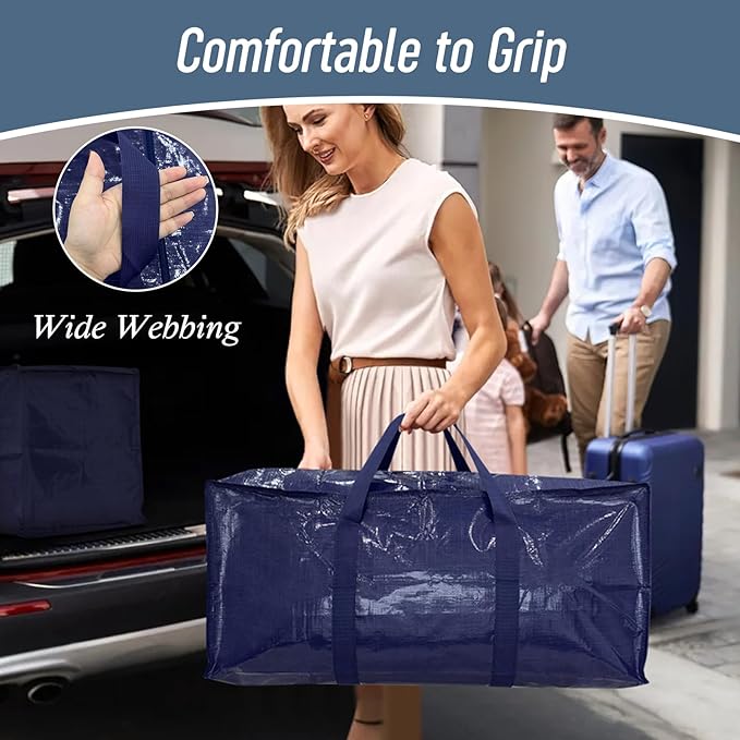 6 Pack Extra Heavy Duty Large Moving Bags with Strong Zipper & Comfortable Handles, Sturdy & Durable Clothes Storage Bags Totes Bins, Blue Packing Moving Boxes for College Supplies, Dark Blue