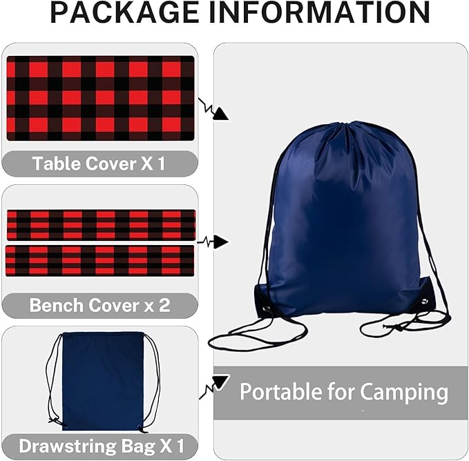 CAPSCEOLL Fitted Picnic Table Cover with Bench Covers with Elastic 8Ft Waterproof Picnic Table Cloths Windproof Outdoor Camping Tablecloth with Drawstring Bag, 96X30in, Black Red