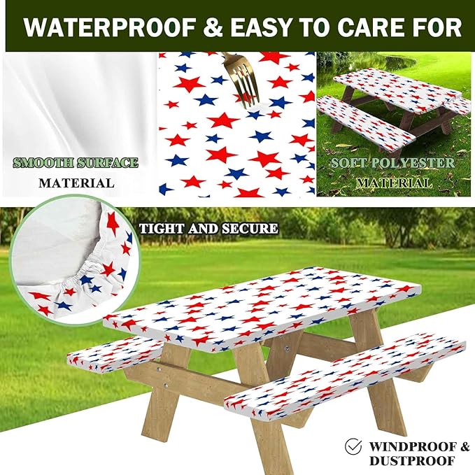 CAPSCEOLL Elastic Picnic Table Cover with Bench Covers 5Ft Waterproof Fitted Picnic Table Cover Cloths for Outdoors Camping Tablecloth with Drawstring Bag, 60X30in, Stars