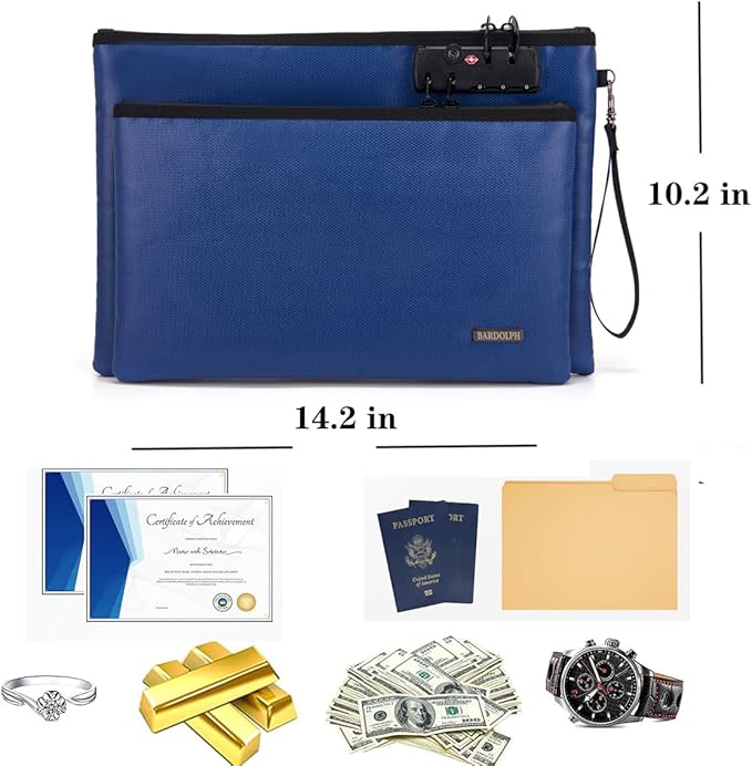Fireproof Document Bag, Fireproof Money Bag with Lock and Zipper for Cash, FireproofBag Money Pouch, Fire Safe CashBag BankerBag, Notary Supplies (blue, Large)
