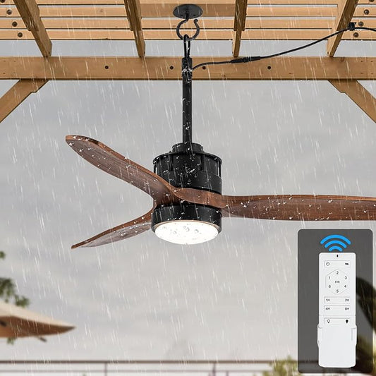 EKIZNSN 32“ Wet Rated Ceiling Fans with Lights Outdoor Hanging for Gazebo Waterproof, DC Motor w 3 Reversible Walnut Wood Blades, Walnut
