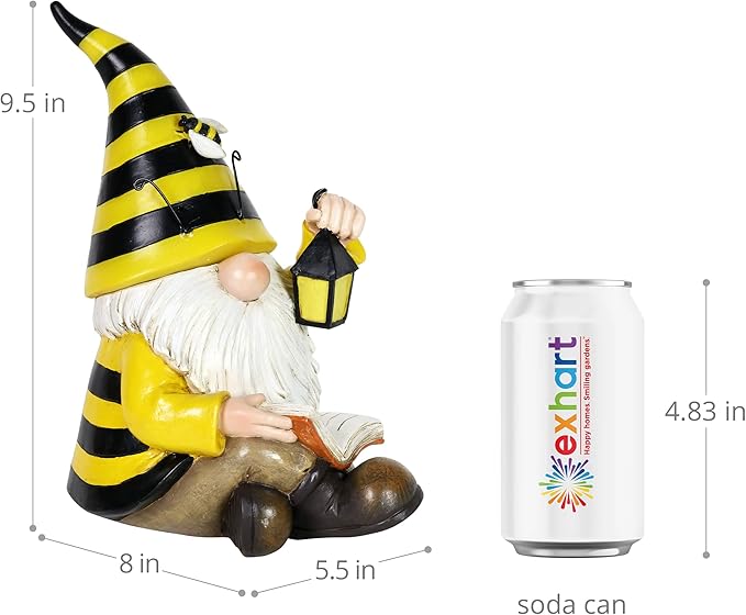 Exhart Solar Beekeeper Garden Gnome Statue, LED Hat, Lantern,Hand Painted Cute Yard Décor, 5.5" x9.5”