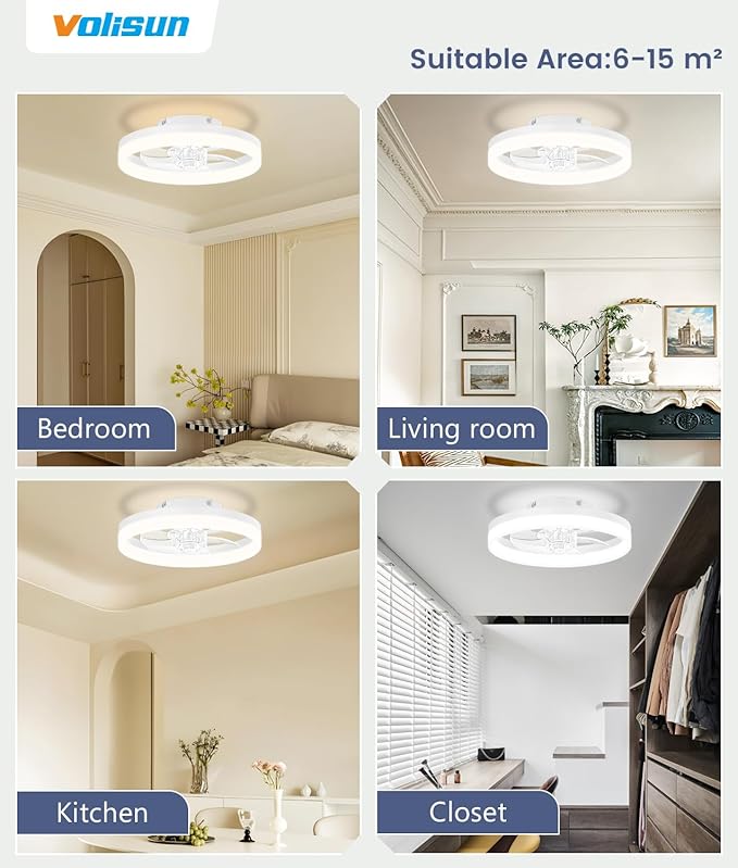 VOLISUN 13 inch Small Ceiling Fans with Lights and Remote, Low Profile Ceiling Fans with Light, 3000K-6500K Dimmable LED Ceiling Light Flush Mount, Bladeless Fandelier Ceiling Fan (White)