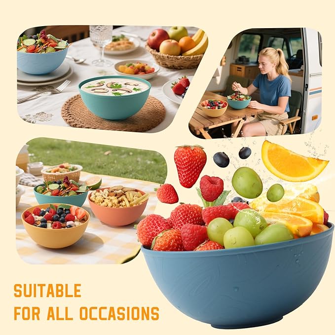 Homienly Wheat Straw Bowls Set of 6, 40 OZ Cereal Bowls for Kitchen, Unbreakable Soup Bowl with Unique Texture, Alternative to Plastic Bowl for Decoration, Microwave & Dishwasher Safe, Reusable,Multi