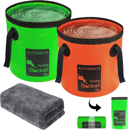 AUTODECO 2 Pack Collapsible Bucket 5 Gallon Container Folding Water Bucket Portable Wash Basin for Outdoor Travelling Camping Fishing Gardening Car Washing 20L
