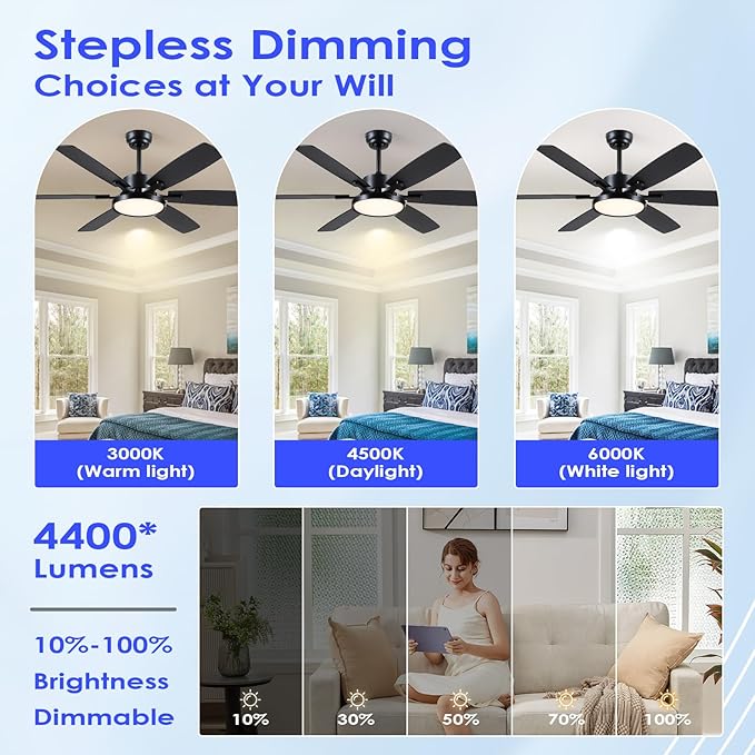 52“Ceiling Fan with Light,Black Ceiling Fans with Light and Remote for Bedroom with DC Motor,6-Blade,3CCT,Surper Bright Dimmable LED Ceiling Light with Fan for Livingroom Patio Use,Indoor/Outdoor