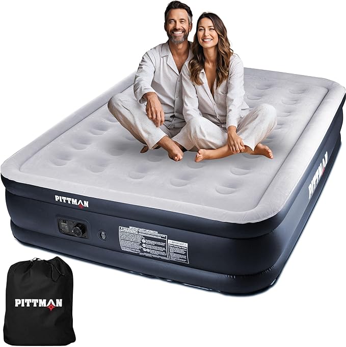 Pittman 18" Queen Air Mattress with Built in Pump - Comfort Series Queen Blow Up Mattress, Inflates & Deflates Fast, Easily Folds Away - Treat Your Guests to a Plush Luxury Air Bed