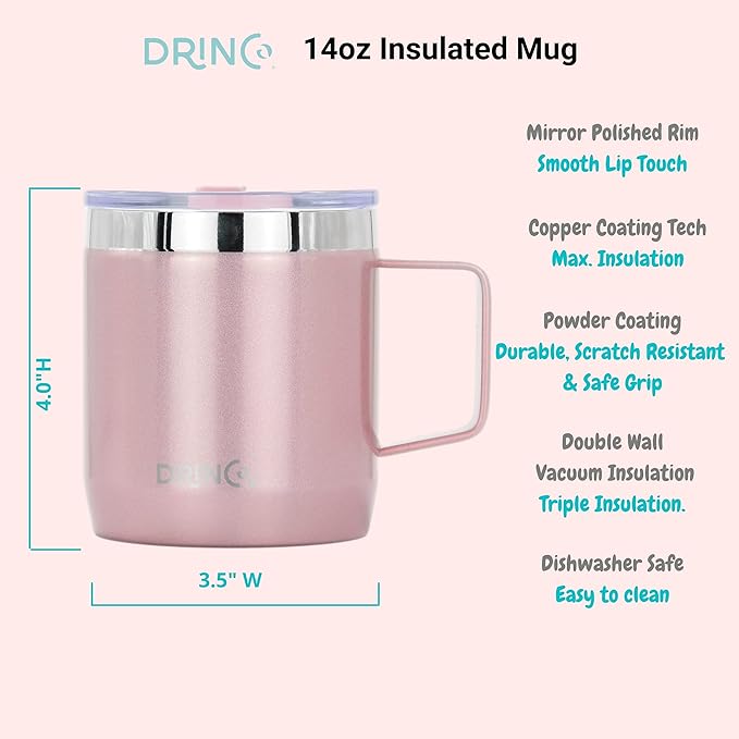 Drinco 16 oz Coffee Mug, Vacuum Insulated Camping Mug with Lid, Double Wall Stainless Steel Travel Mug Insulated Tumblers Coffee Mugs Coffee Cups Tea Cup (14oz Bling Rose Gold)