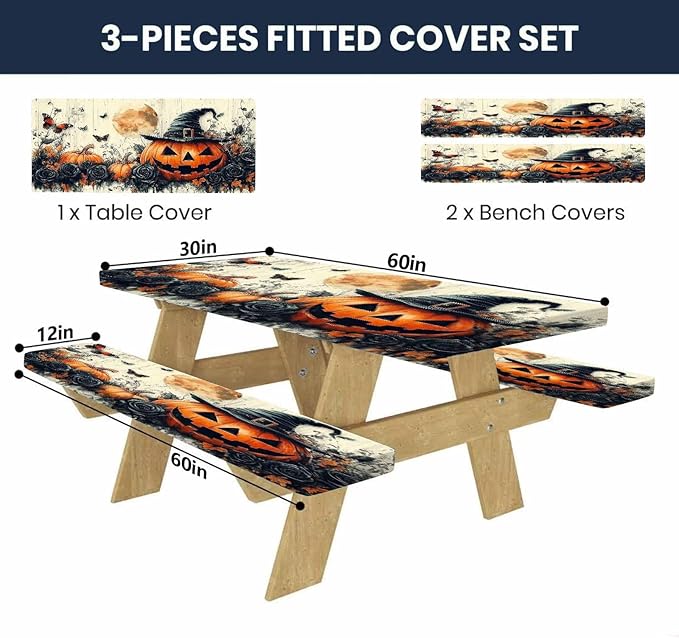 CAPSCEOLL Elastic Picnic Table Cover with Bench Covers 5Ft Waterproof Fitted Picnic Table Cover Cloths for Outdoors Camping Tablecloth with Drawstring Bag, 60X30in, Halloween Pumpkins