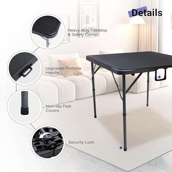 34" Square Folding Card Table, Fold-in-Half Utility Dining Portable Table Heavy Duty HDPE Plastic Foldable with Carrying Handle Indoor Outdoor for Picnic, Camping, Party, Black