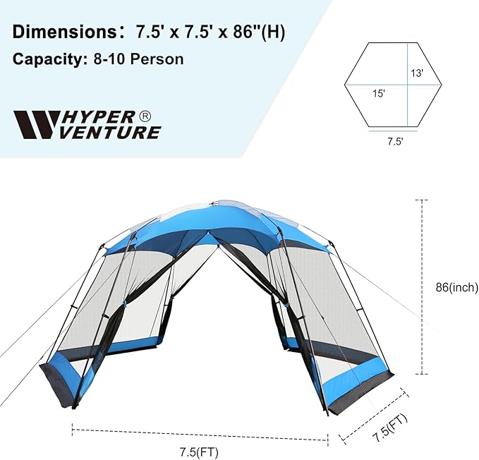 Hyper Venture Screen House 15x13 FT Mesh Canopy Tent Camping Gazebo Shelter for 8-10 People Outdoor Party Activities