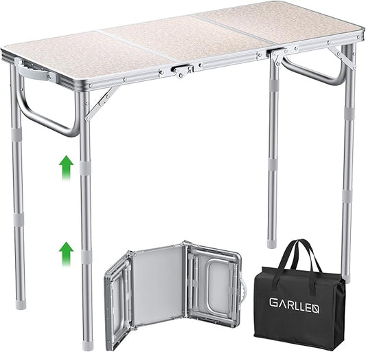 GARLLEN Folding Table for Camping, 3-Adjustable Height Lightweight Folding Picnic Table with Storage Bag, Portable Aluminum Outdoor Table for Outside, Camping, BBQ, 34.2" L x 15.7" W