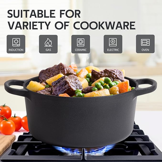 6 Quart Dutch Oven Enameled Cast Iron with Lid - Big Dual Handles - Oven Safe up to 500°F - Classic Round Pot for Versatile Cooking (Matte Black(No Enameled), 6 QT)