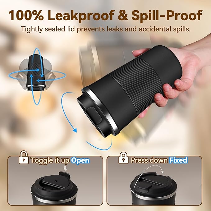 12OZ Travel Coffee Mug Insulated Coffee Cup with Spill Leak Proof Lid, Portable Stainless Steel Tumbler Reusable Hot and Cold Water Mug for Car, Daily, Camping-Black
