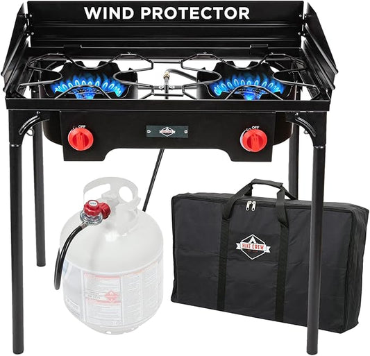 Hike Crew Cast Iron Double-Burner Outdoor Gas Stove | 150,000 BTU Portable Propane Cooktop w/Blue Flame Control, Removable Legs, Temperature Control Knobs, Wind Panel, Hose, Regulator & Storage Case