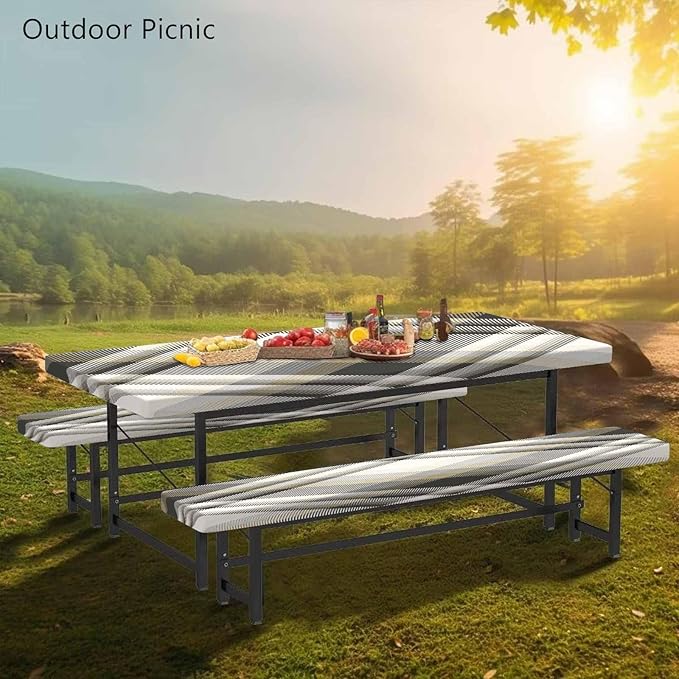 CAPSCEOLL Picnic Table Cover with Bench Covers 8Ft Farm Plaid Waterproof Camping Tablecloth All-Weather Outdoor Table Protector with Drawstring Bag for Camping Essentials, 96X30In, Grey White