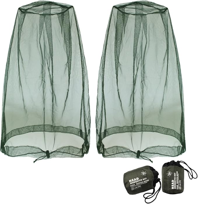 Benvo Mosquito Head Net Mesh, Face Neck Fly Netting Hood from Bugs Gnats Noseeums Screen Net for Any Outdoor Lover- with Carry Bags Fits Most Sizes of Hats Caps (2pcs, Olive, Updated Big Net)