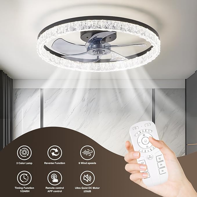 Ceiling Fans with Lights and Remote, 20" Modern Low Profile Ceiling Fan, Stepless Color Temperature Change and 6 Wind Speeds, Flush Mount Ceiling Fans for Bedroom, Kids Room and Kitchen