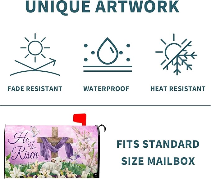 He is Risen Cross Christian Mailbox Cover Magnetic Large Size 25.5x21 Inch Spring Easter Letter Box Wrap Religious Lily Floral Sunrise Lamb decorative Dust-Proof Letterbox Covers for Home Garden Yard