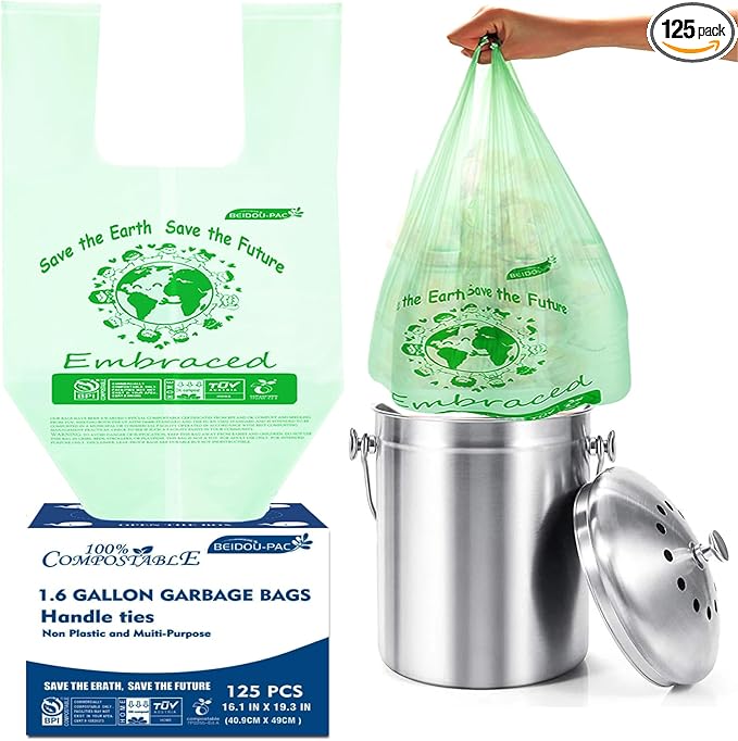 1.6 Gallon Compostable Trash Bags with Handle, 125 Count Small Compost Bags, Biodegradable Kitchen Garbage Bags, Food Scrap Waste Bags for Countertop Bin, ASTM D6400, US BPI Certified