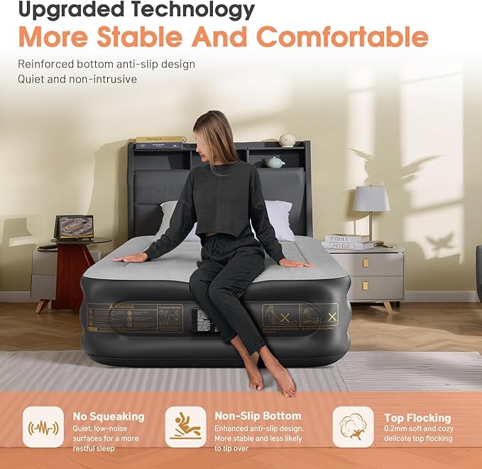 Twin Air Mattress with Built in Pump,Inflatable Mattress 2 Mins Self-Inflation/Deflation,Thicker Blow up Mattress Leak-Proof,Flocked Top Air Bed with Storage Bag for Home, Camping & Guests