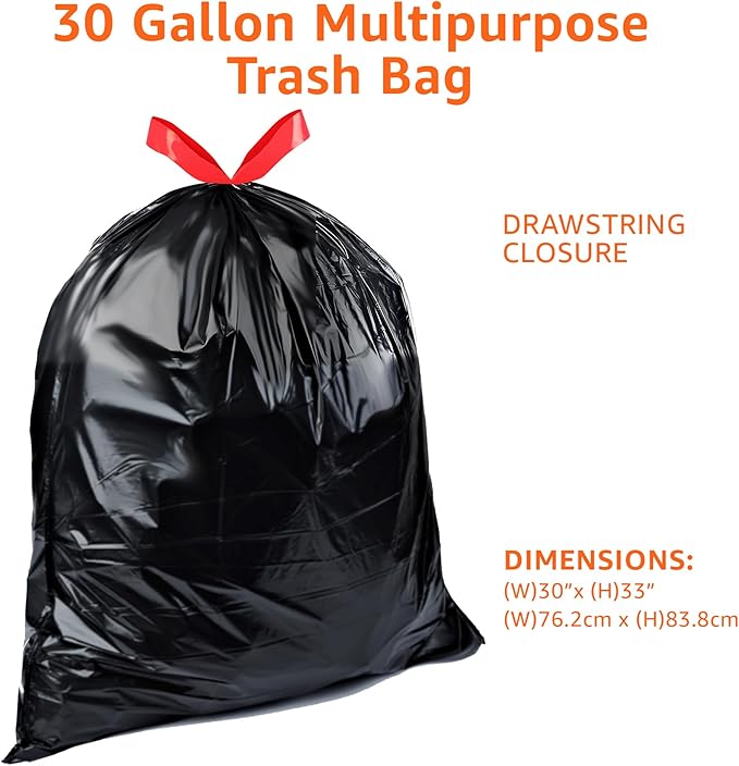 Amazon Basics Multipurpose Drawstring Trash Bags, 30 Gallon, 50 Count (Previously Solimo)