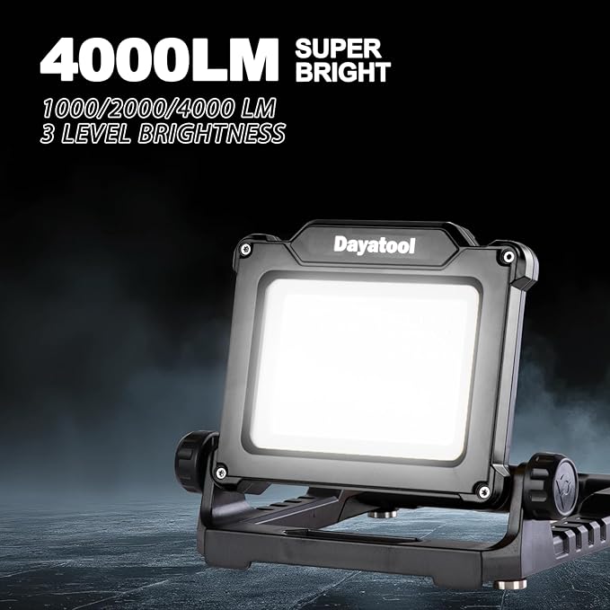 4000Lumens Work Flood Light Cordless Portable Rechargeable Led Work Lights with Magnet for Mechanic, Compatible with Dewalt 20v, Milwaukee,Makita 18v m18 Lithium Tool Battery, Black