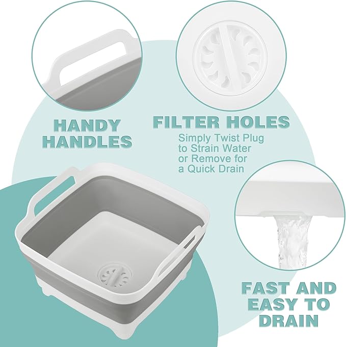 Dishpan for Washing Dishes, 2.4Gal/9L Wash Basin with Draining Plug Carry Handles, Collapsible Bucket for Cleaning, Portable Sink, Foldable Plastic Tub