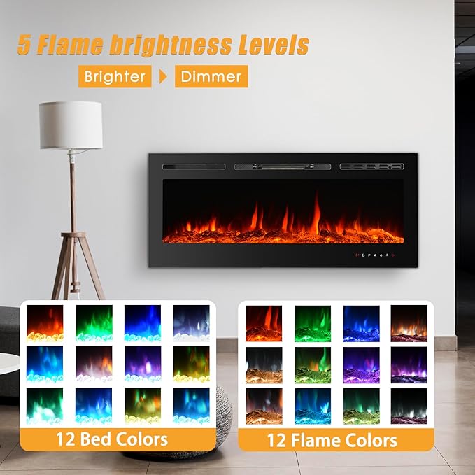 CharaVector Electric Fireplaces Recessed Wall Mounted Fireplace Insert 50 Inch Wide Heater LED Fire Place Remote Control & Touch Screen, 1-12 Hours Timer, 12 Color Flame and Log Color