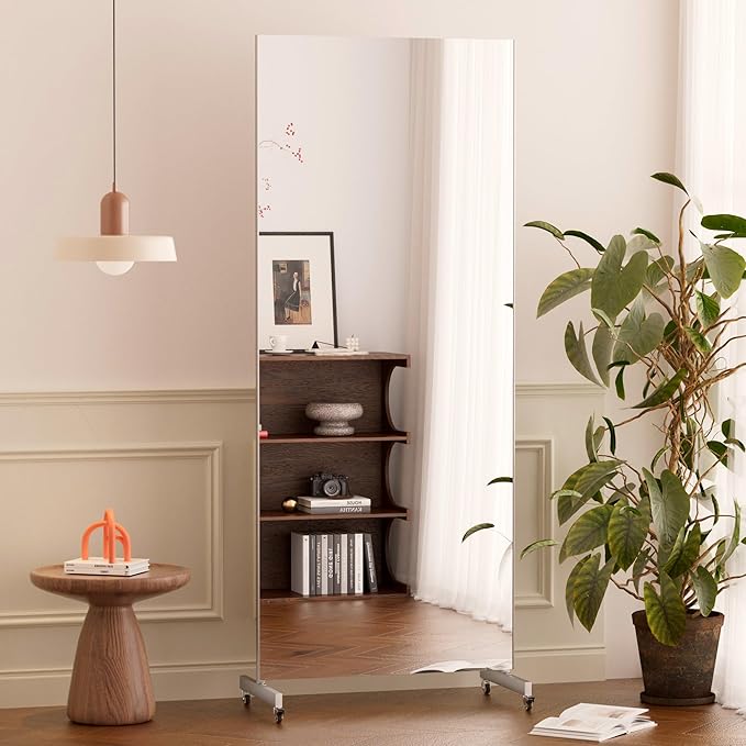 brisafe Home Gym Mirror 360° Swivel on Wheels, 75" X 32" Nano Film Super Lightweight Unbreakable Full Length Mirror for Yoga, Dance Studio, Silver