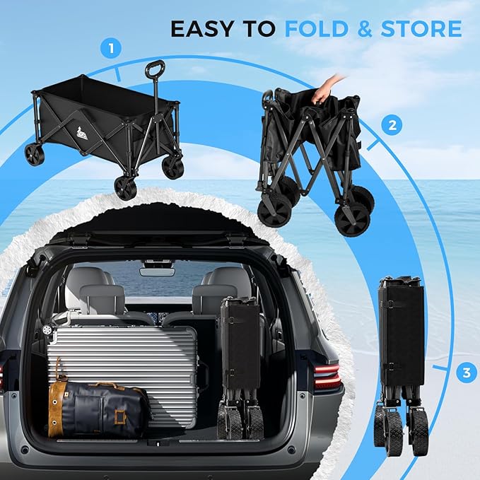 Collapsible Wagon Carts with Large Capacity, Utility Beach Wagons Heavy Duty Foldable,Side Pockets,300lb Load-Bearing Outdoor for Camping, Garden, Sports, Picnic, Shopping-Black U-Black