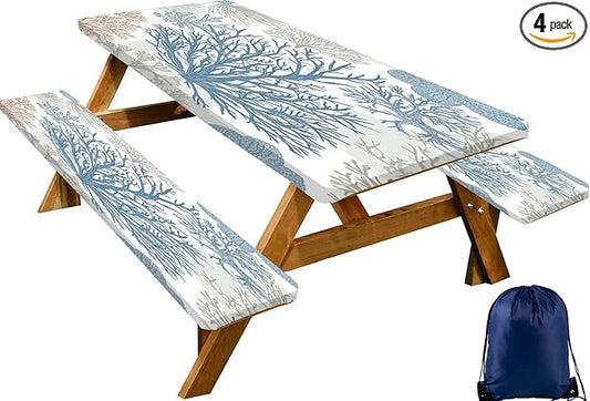 CAPSCEOLL Fitted Picnic Table Cover with Bench Covers with Elastic 8Ft Waterproof Camping Picnic Table Cover Cloths for Outdoors Camping Tablecloth with Drawstring Bag, 96X30in, Blue Sea