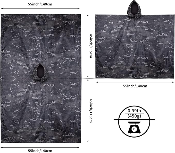 GRVCN Military Rain Poncho, Camouflage Raincoat Outdoor Waterproof Lightweight