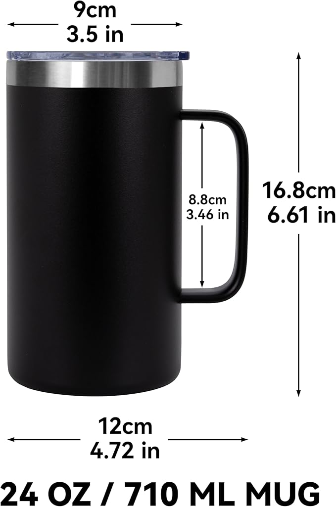 DOMICARE 24oz Mug with Handle and Lid, Stainless Steel Coffee Mug, Reusable Insulated Cup, Travel Mug with Handle, Double Wall Vacuum Coffee Tumbler for Men and Women, Black, Pack 1