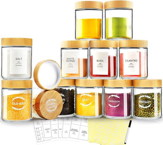 AISIPRIN Spice Jars with Label,12 Pcs 8oz Glass Jars with Bamboo Lids,Spice Organizer for Cabinet,Drawer, Rack, Seasoning Organizer Containers,Including 2 Type Labels