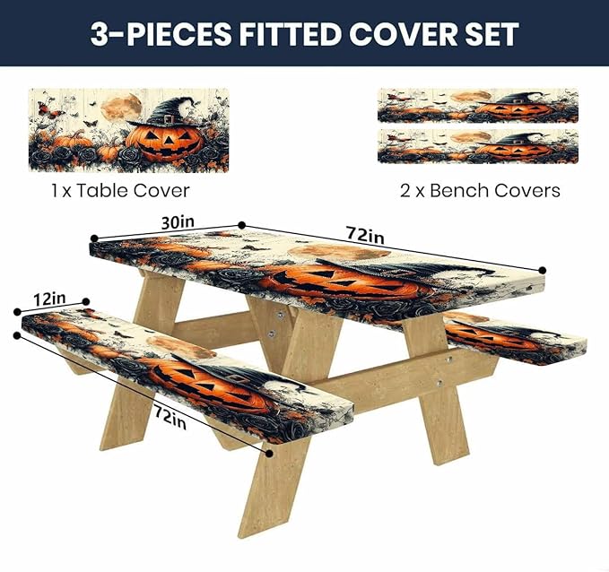 CAPSCEOLL Fitted Picnic Table Cover with Bench Covers with Elastic 6Ft Waterproof Camping Picnic Table Cover Cloths for Outdoors Camping Tablecloth with Drawstring Bag, 72X30in, Halloween Pumpkins