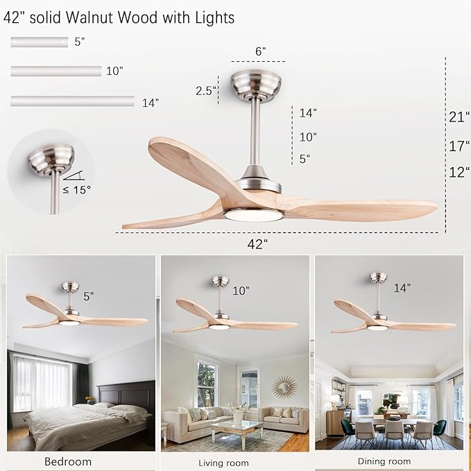 42" Wood Ceiling Fans with Lights and Remote Control,Indoor Outdoor 3 Blades Wooden Ceiling Fan for Garage,Patio,Living Rooms,Bedrooms,Offices,Farmhouse(Nickel+Raw wood)