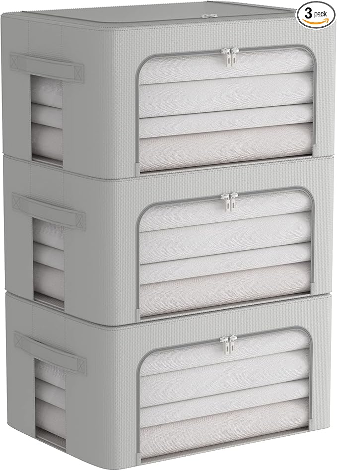 3Pack Frame Storage Box - Clothes Storage Bin Bags Oxford Fabric Foldable Stackable Container Organizer Set with Clear Window & Carry Handles (Grey, Medium-44L)