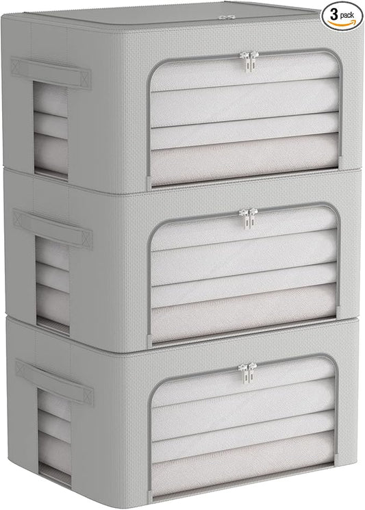 3Pack Frame Storage Box - Clothes Storage Bin Bags Oxford Fabric Foldable Stackable Container Organizer Set with Clear Window & Carry Handles (Grey, Medium-44L)