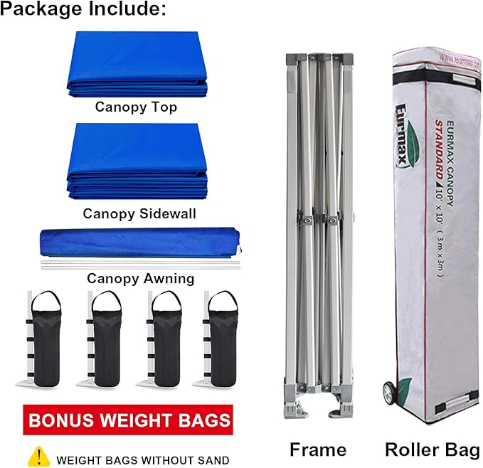 Eurmax USA 10 x 10 Pop up Canopy Commercial Tent Outdoor Party Canopies with 4 Removable Zippered Sidewalls and Roller Bag Bonus 4 Canopy Sand Bags & 24 Squre Ft Extended Awning(Blue)