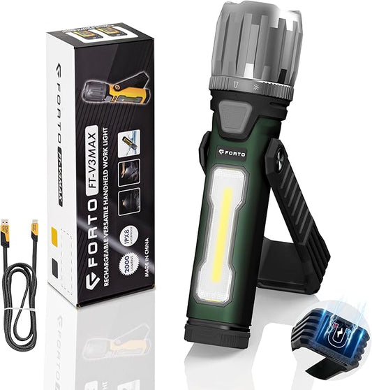 FORTO Rechargeable Work Light 2000LM Magnetic Flashlight, IPX8 Waterproof, 5000mAh, 240° Rotating Handle, for Garage, Camping, Car Repair, Hiking, Power Outage, Jobsite, Emergency (Green)